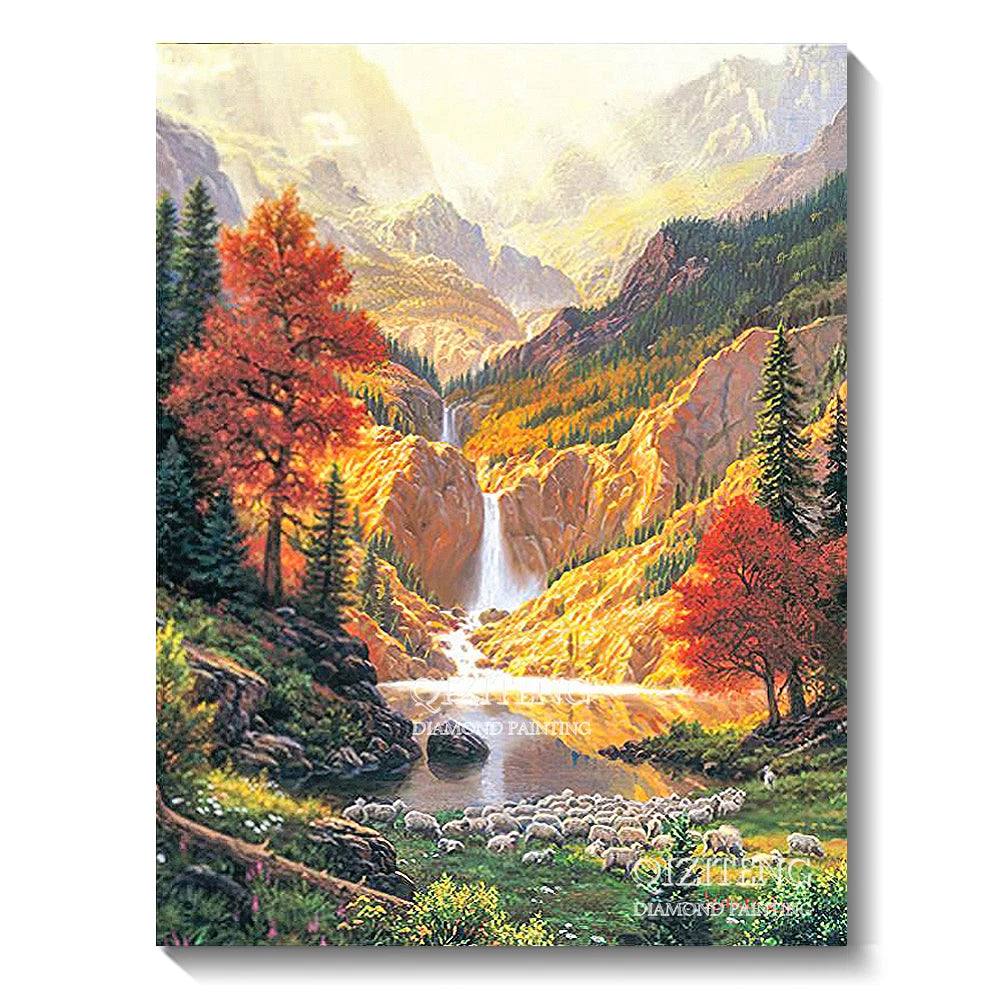 A vibrant forest landscape painting featuring autumn colors and a waterfall in a mountain valley.