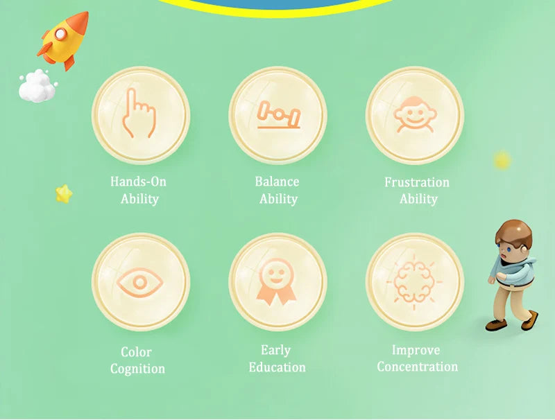 A set of light yellow stacking blocks with various symbols and features for children's development.