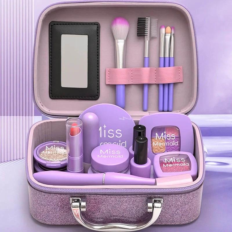 A purple cosmetic kit for kids featuring makeup brushes, lipsticks, and palettes in a portable case.