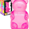 A pink gummy bear squeeze toy is shown next to its packaging box.