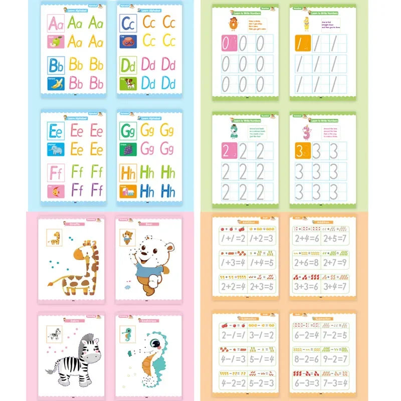 A colorful reusable magic tracing workbook for kids featuring various letter and number tracing activities.