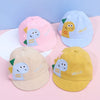 Three baby cotton baseball caps in pink, light blue, and yellow featuring cute rabbit ears and the word HELLO