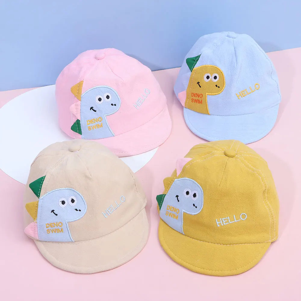 Three baby cotton baseball caps in pink, light blue, and yellow featuring cute rabbit ears and the word HELLO