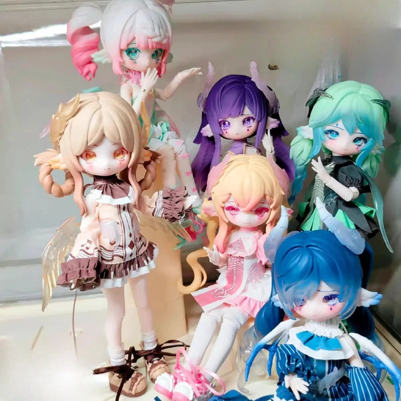 A collection of several anime-style Ball-Jointed Dolls featuring various hair colors and outfits.