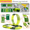 A set of dinosaur race track components including track balls, base installation parts, and a climbing car for racing.