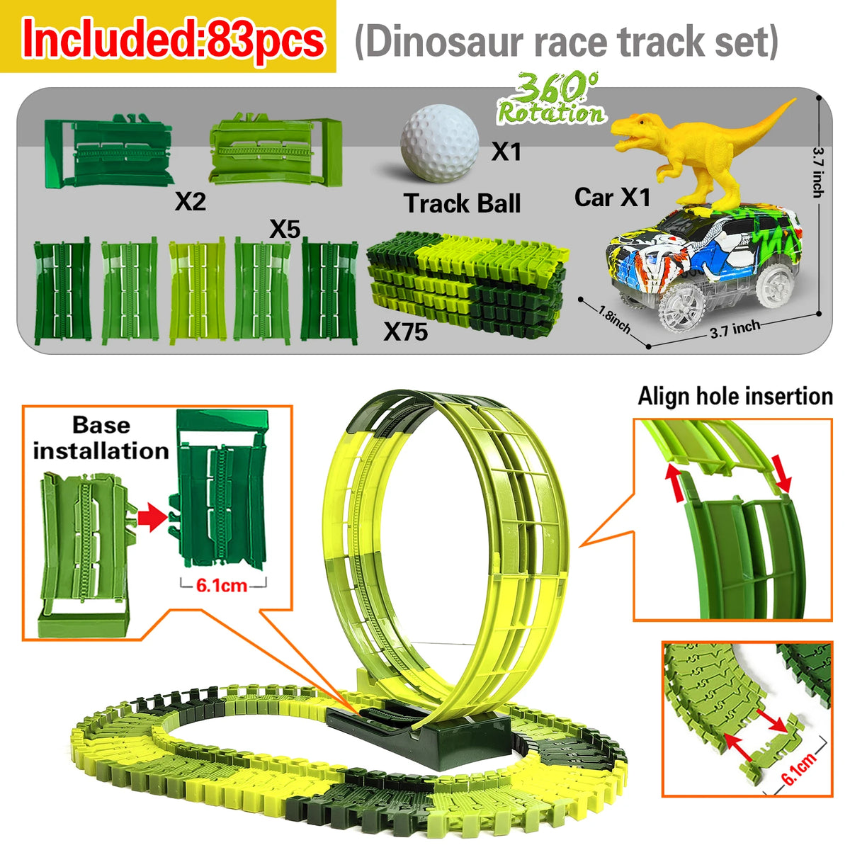 A set of dinosaur race track components including track balls, base installation parts, and a climbing car for racing.