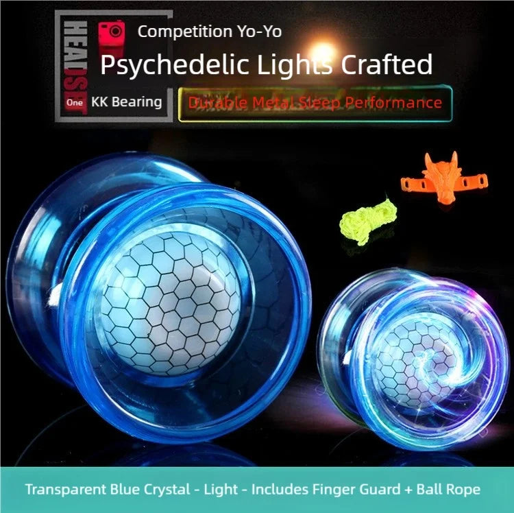 Transparent blue crystal yo-yo with a hexagonal ball and rope, featuring KK bearing for sleep performance.