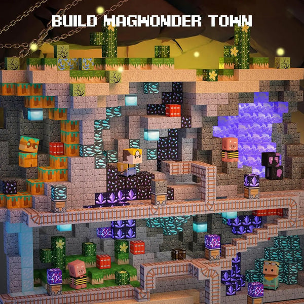 A detailed digital rendering of a buildable town scene featuring magnetic blocks and greenery.