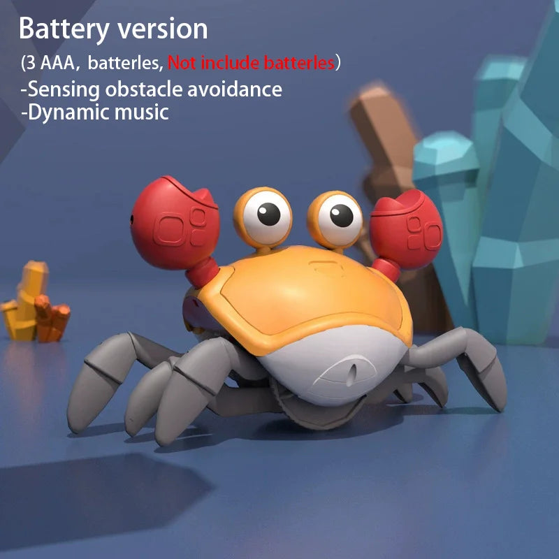 An orange and gray crab toy with large eyes and red features is shown against a blue background.