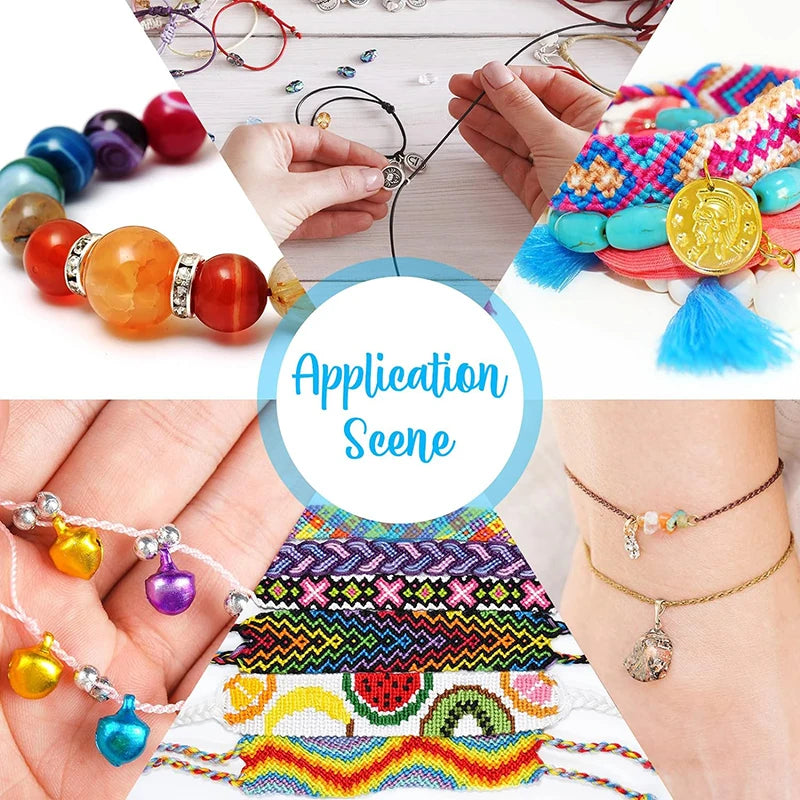 Hands are shown making jewelry using a 0.8mm nylon knotting cord for various beaded and knotted necklaces.