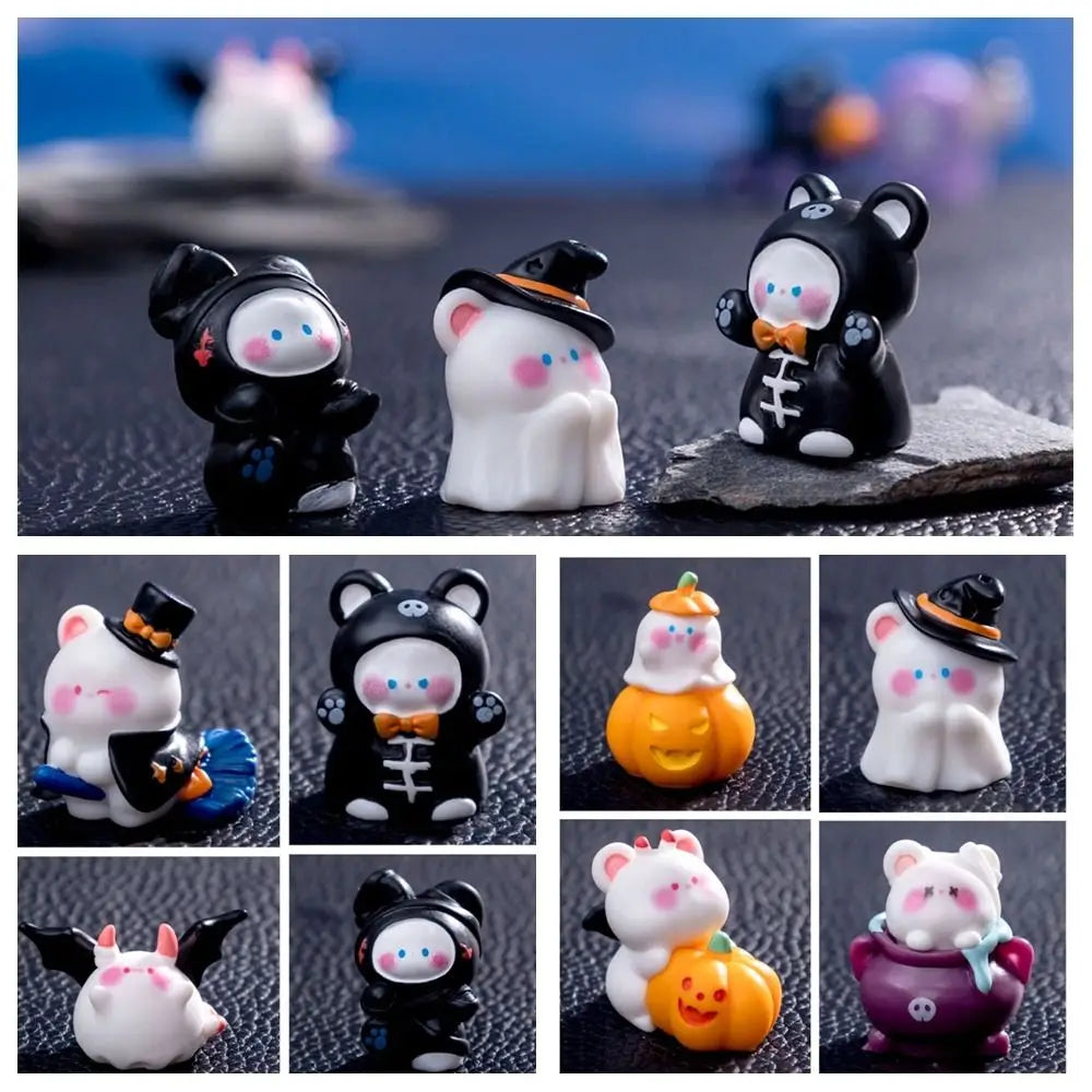 A collection of charming cartoon pumpkin bear figurines in various colors and styles for Halloween and fairy garden displays.
