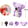 A purple 3D puzzle animal eraser shaped like a mouse, shown from above and next to various parts.