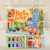 A colorful busy book for toddlers featuring various vehicles and learning activities like a fire truck and a train.