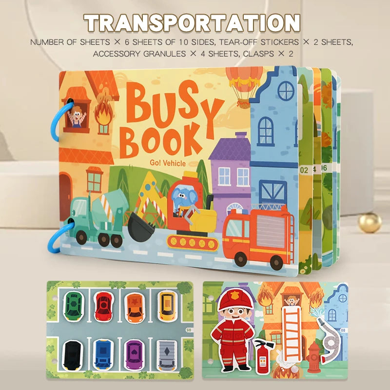 A colorful busy book for toddlers featuring various vehicles and learning activities like a fire truck and a train.