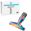 A silver metal drill tip for diamond painting, labeled 9#, shown next to the finished iridescent painting pen tip.