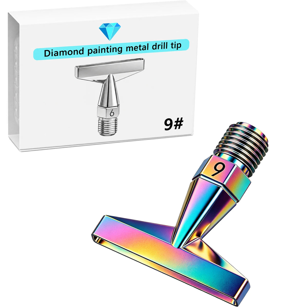 A silver metal drill tip for diamond painting, labeled 9#, shown next to the finished iridescent painting pen tip.