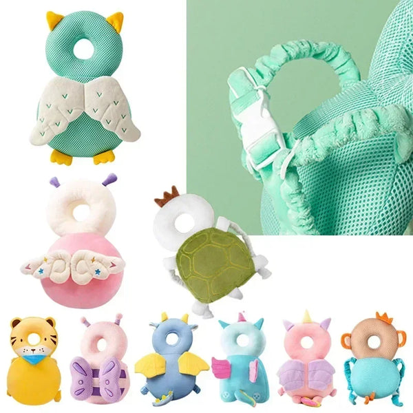 A collection of colorful anti-fall head protection pillows for toddlers, including shapes like a bear, a turtle, and various 