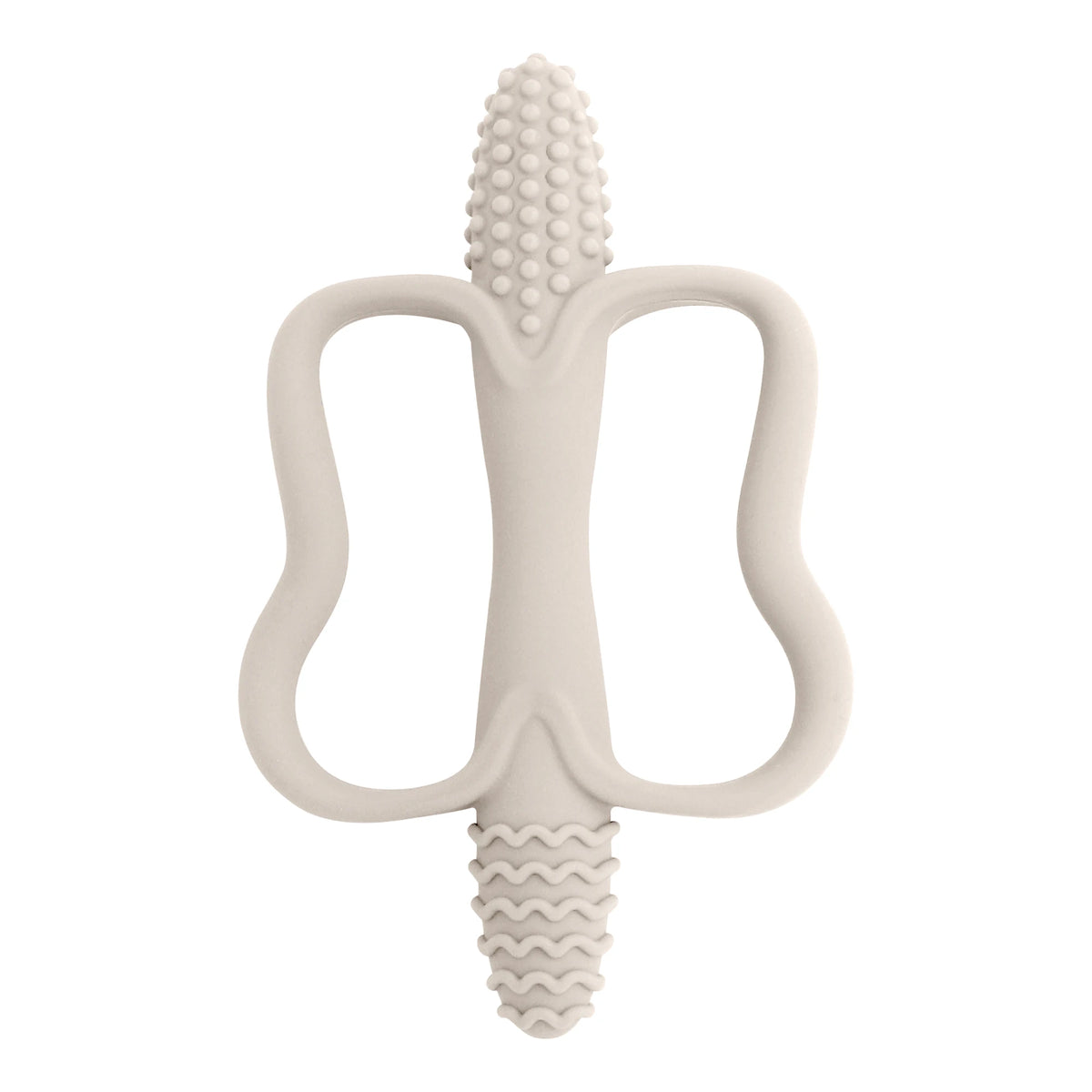 A light beige silicone teether with a textured top and an easy-grip handle for babies.