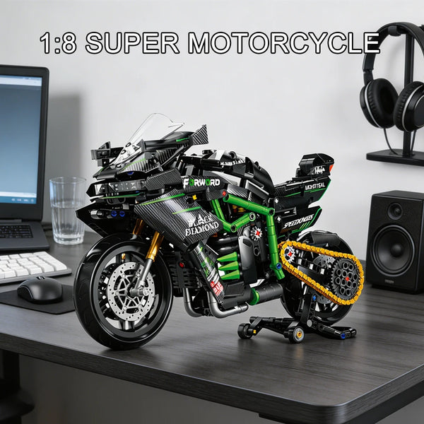 A detailed 1:8 super motorcycle model built from black and green building blocks on a desk.