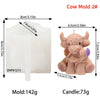 A white silicone mold for a cow-shaped candle, next to the finished pink cow candle.