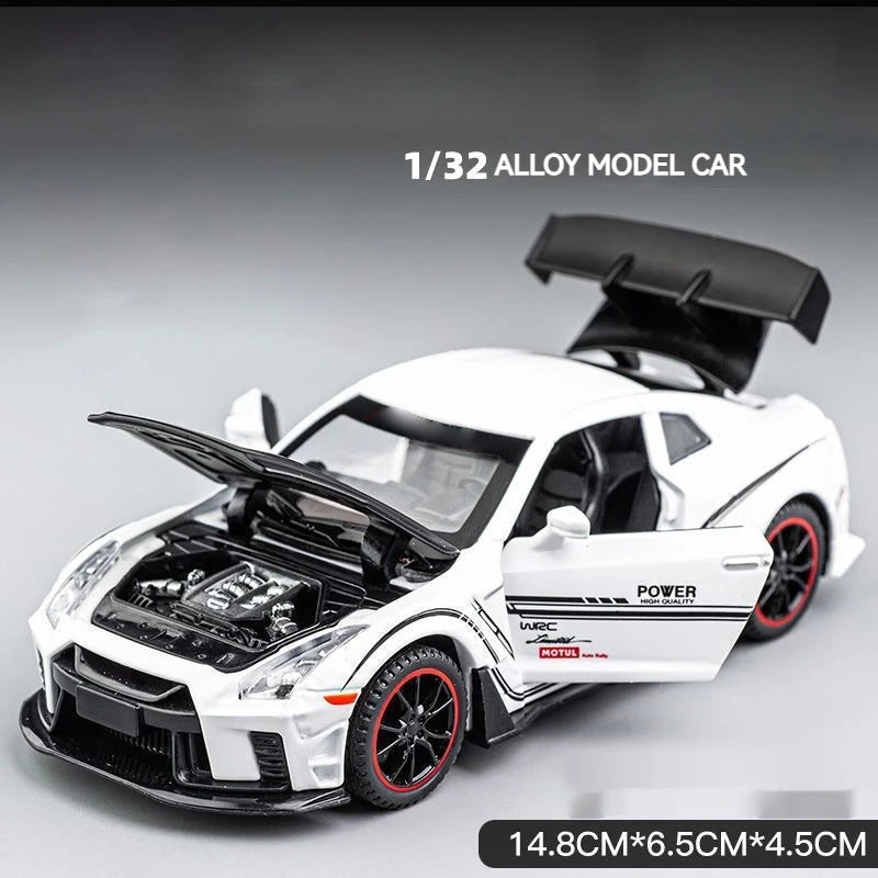 A white 1/32 alloy model car of a Nissan GTR R35 diecast model with sound and light effects.