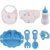 A set of doll feeding and care accessories including a bib, diaper, and silicone feeding spoons.