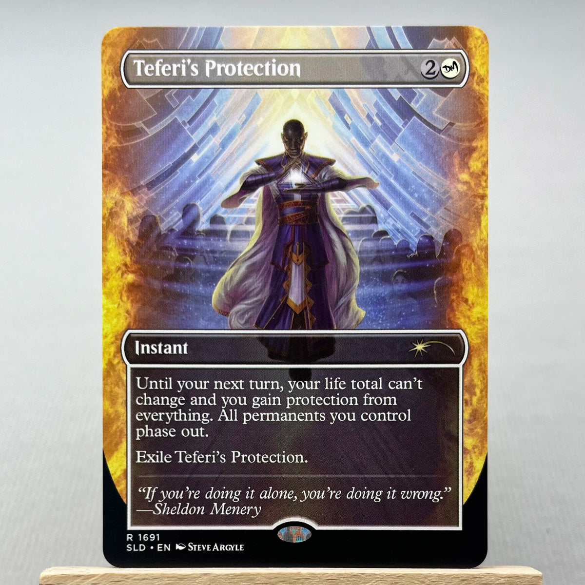 A Magic: The Gathering Instant spell card titled Teferi's Protection featuring a figure in purple armor and glowing light.