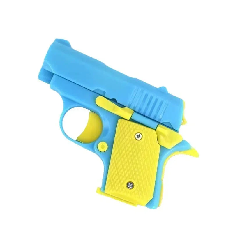 A bright blue fidget pistol toy with a yellow slide action component.