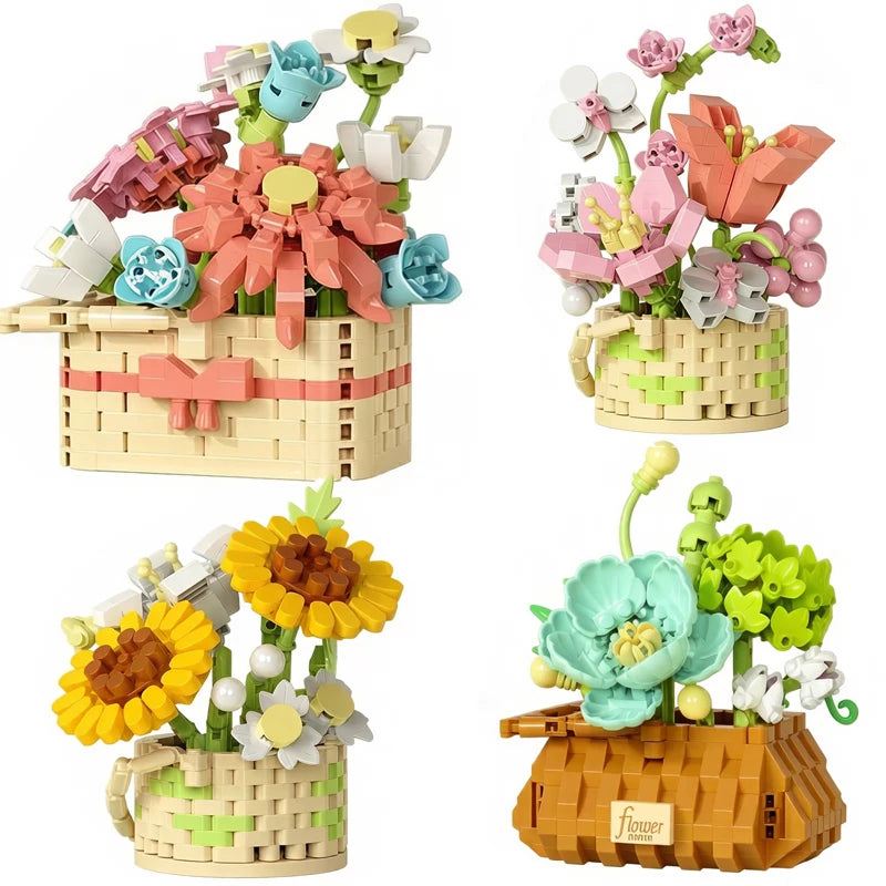 A set of wooden building blocks shaped like flowers and baskets for DIY home décor