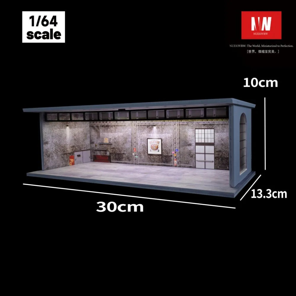 A 1/64 scale modular car display garage featuring an acrylic showcase and detailed interior structure.