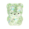 A clear, light green bear stress ball filled with colorful water beads and glitter.