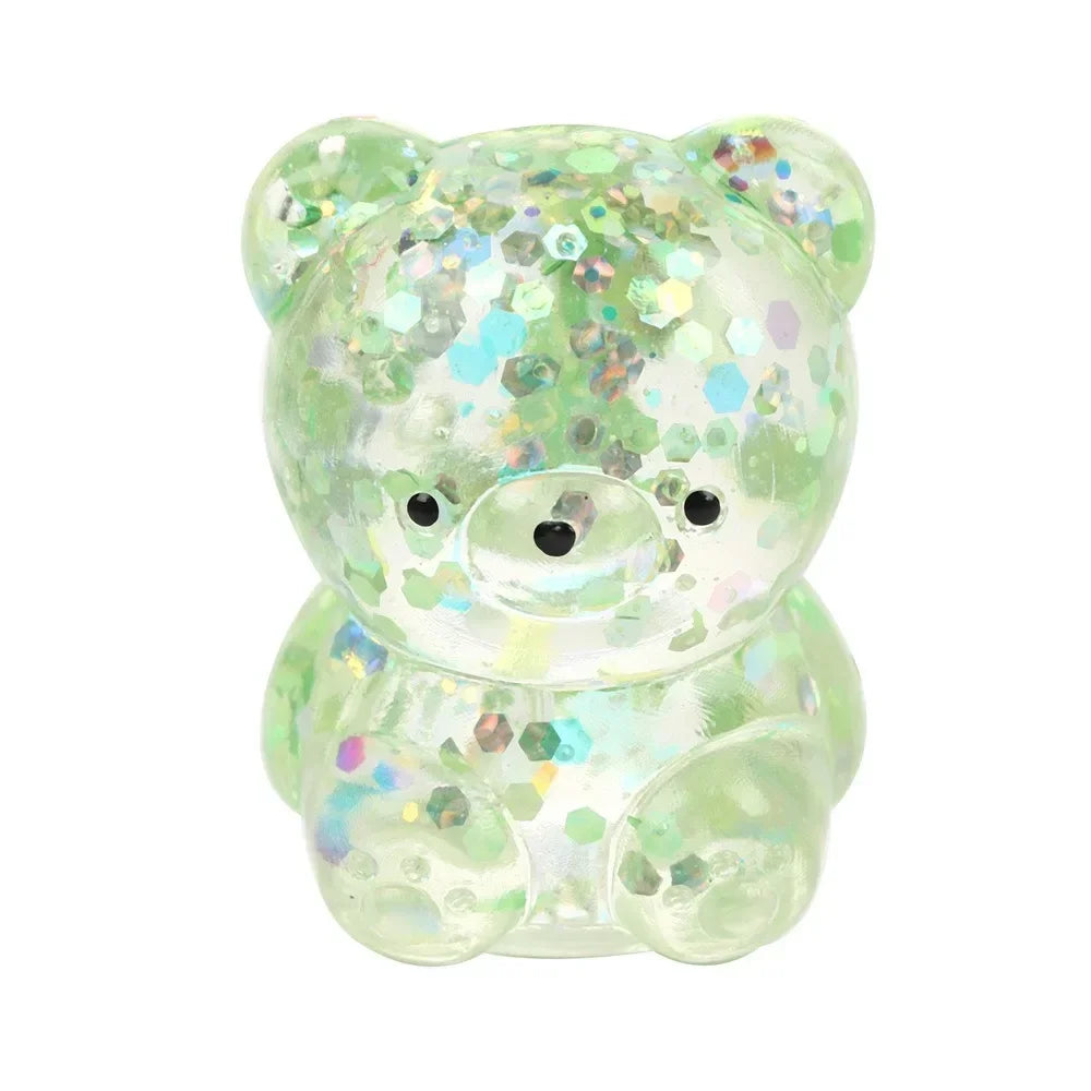 A clear, light green bear stress ball filled with colorful water beads and glitter.