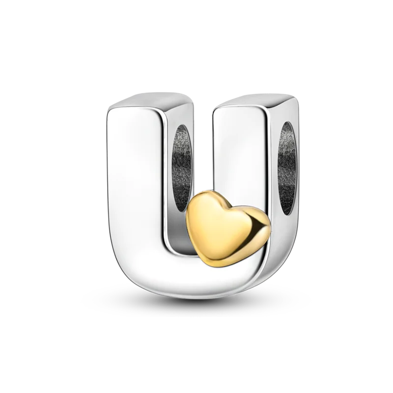 Sterling silver letter U charm with a gold heart accent