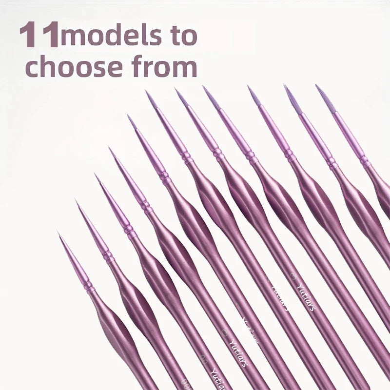 A collection of eleven fine detail paint brushes with purple handles displayed against a white background.