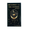 A black box containing a 54-card deck titled Messages From The Universe Oracle featuring a crescent moon design.