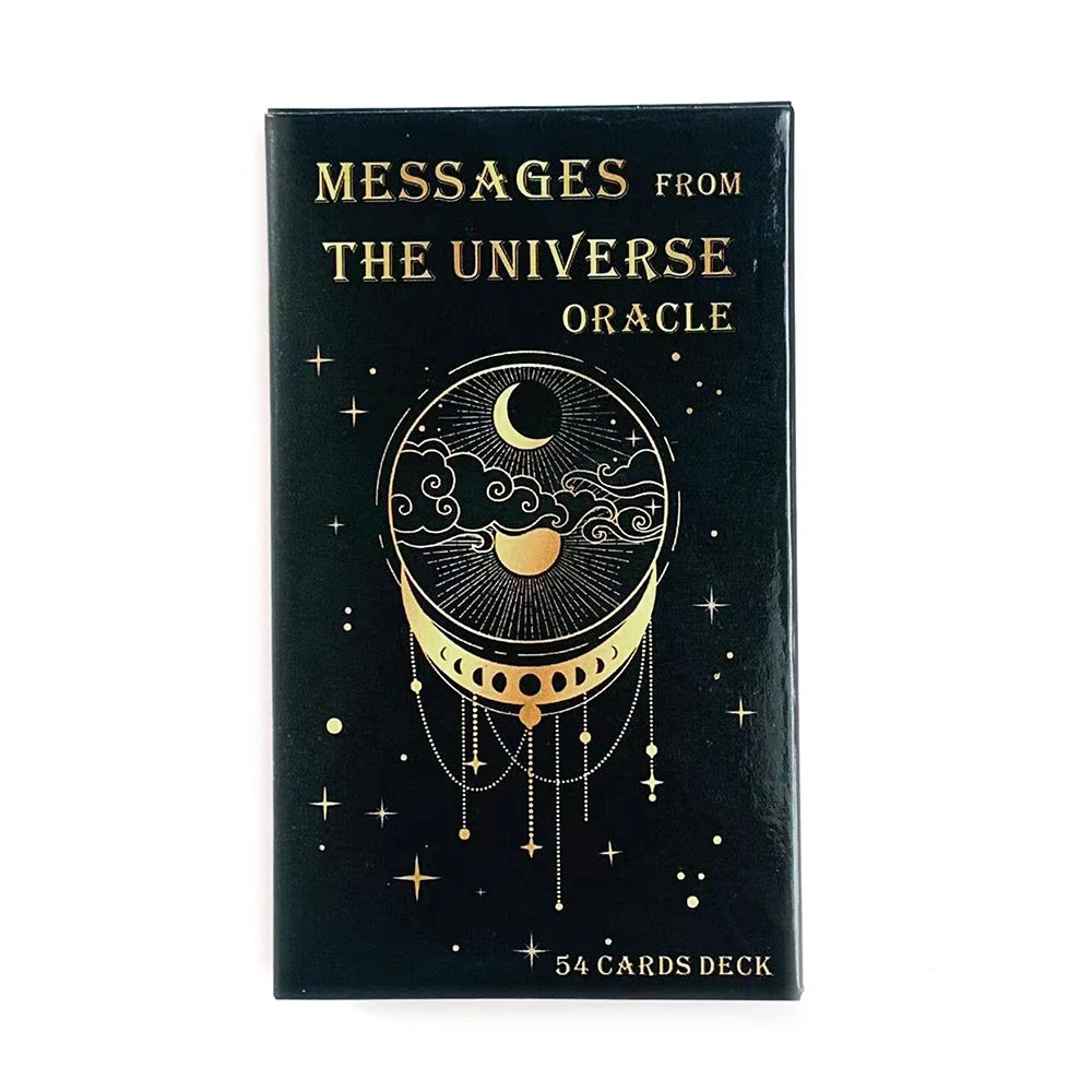 A black box containing a 54-card deck titled Messages From The Universe Oracle featuring a crescent moon design.