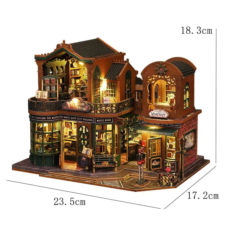 A detailed wooden miniature castle dollhouse kit featuring architecture, furniture, and illuminated elements.