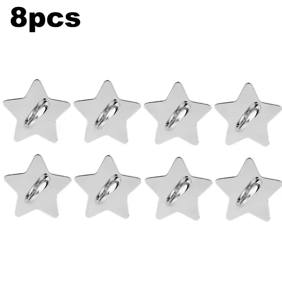 Eight silver star-shaped phone charm hooks with adhesive backing