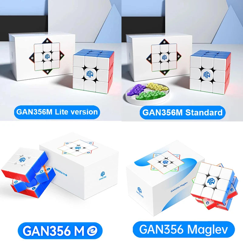 A collection of GAN356M magnetic speed cubes in various versions including Lite, Standard, M, and Maglev
