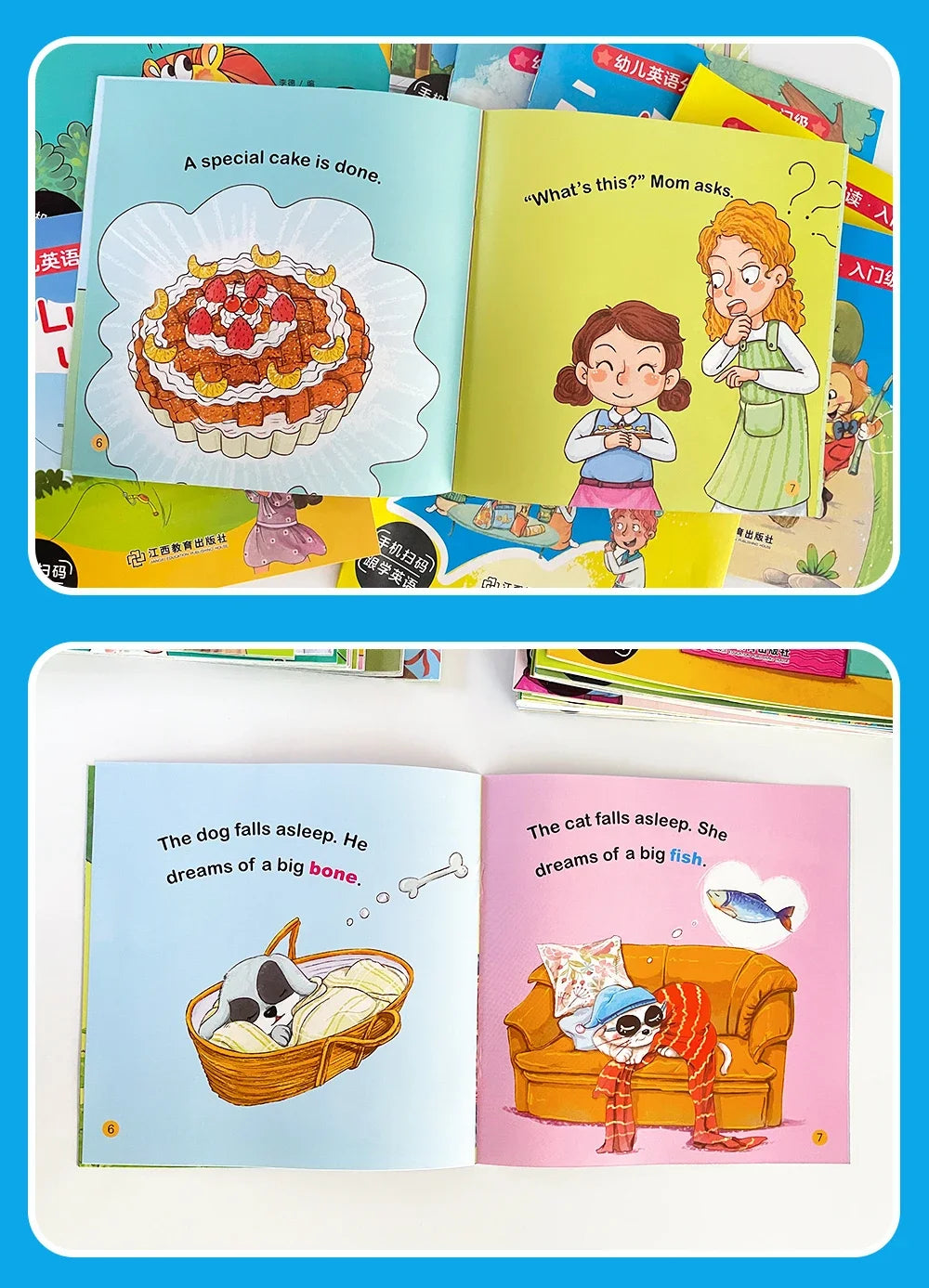 A collection of children's picture books featuring English words and simple stories for early learning.