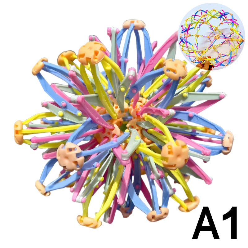 A colorful expandable magic ball stress relief and breathing exercise toy with multiple colored tentacles.
