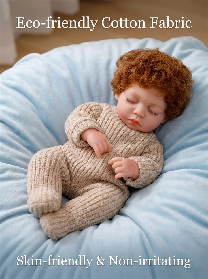 A realistic reborn doll with curly reddish-brown hair wearing a beige knitted outfit lying on a light blue fabric.