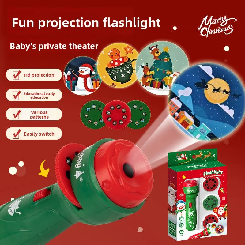 A green and red projection flashlight with various patterns is shown next to its packaging, featuring Christmas themes.