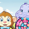 A cartoon monkey and elephant standing next to a dart board game for toddlers.