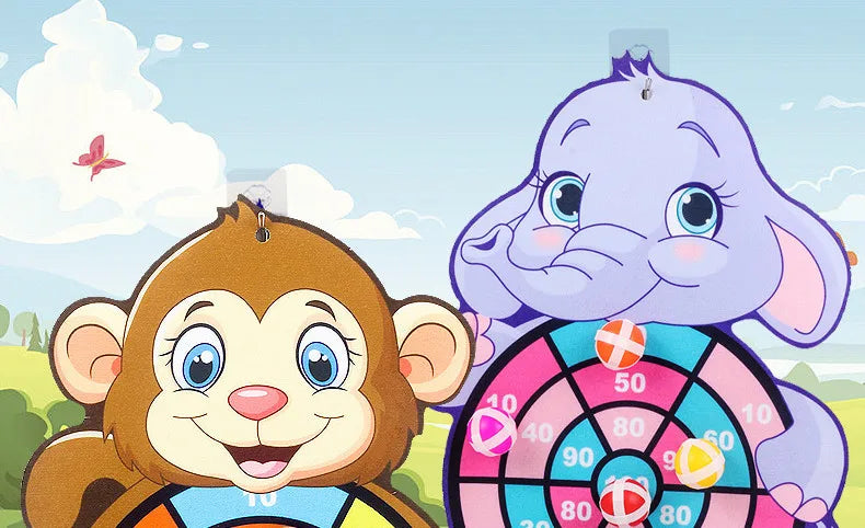 A cartoon monkey and elephant standing next to a dart board game for toddlers.