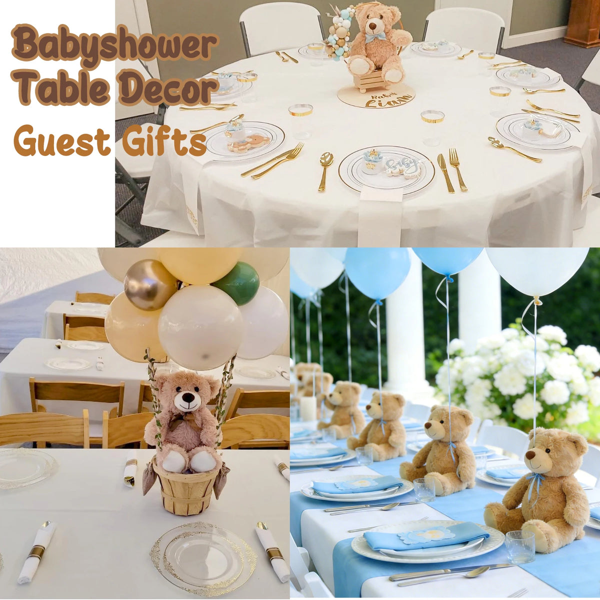 A classic 14 inch plush teddy bear is shown as a guest gift for a baby shower table decor.