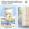 A package of 48 water-soluble crayons in twist-up tubes with a color palette displayed below and a free brush.