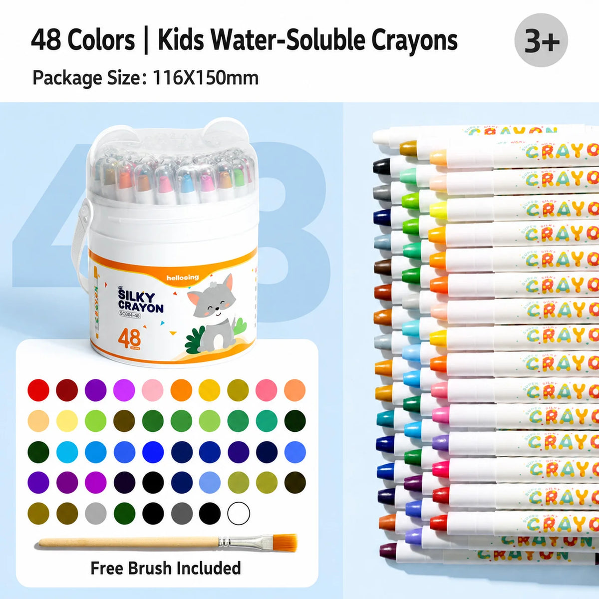 A package of 48 water-soluble crayons in twist-up tubes with a color palette displayed below and a free brush.
