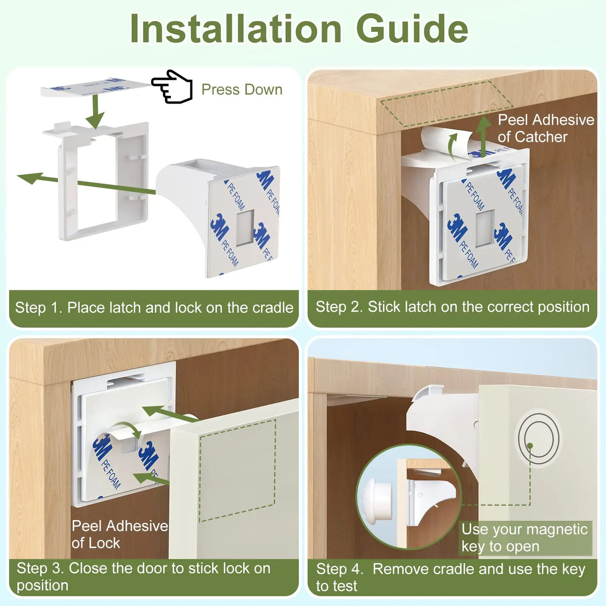 Installation guide showing steps to install a magnetic latch lock on a cabinet or drawer.
