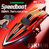 An orange and black speedboat is shown with a remote control in the foreground, highlighting its high-speed performance.